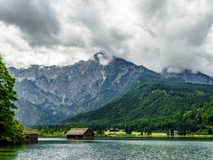 Preview wallpaper mountain, house, forest, lake, nature