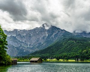 Preview wallpaper mountain, house, forest, lake, nature