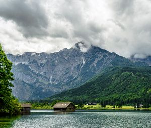 Preview wallpaper mountain, house, forest, lake, nature