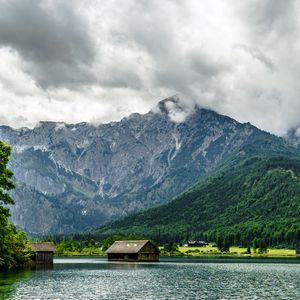 Preview wallpaper mountain, house, forest, lake, nature