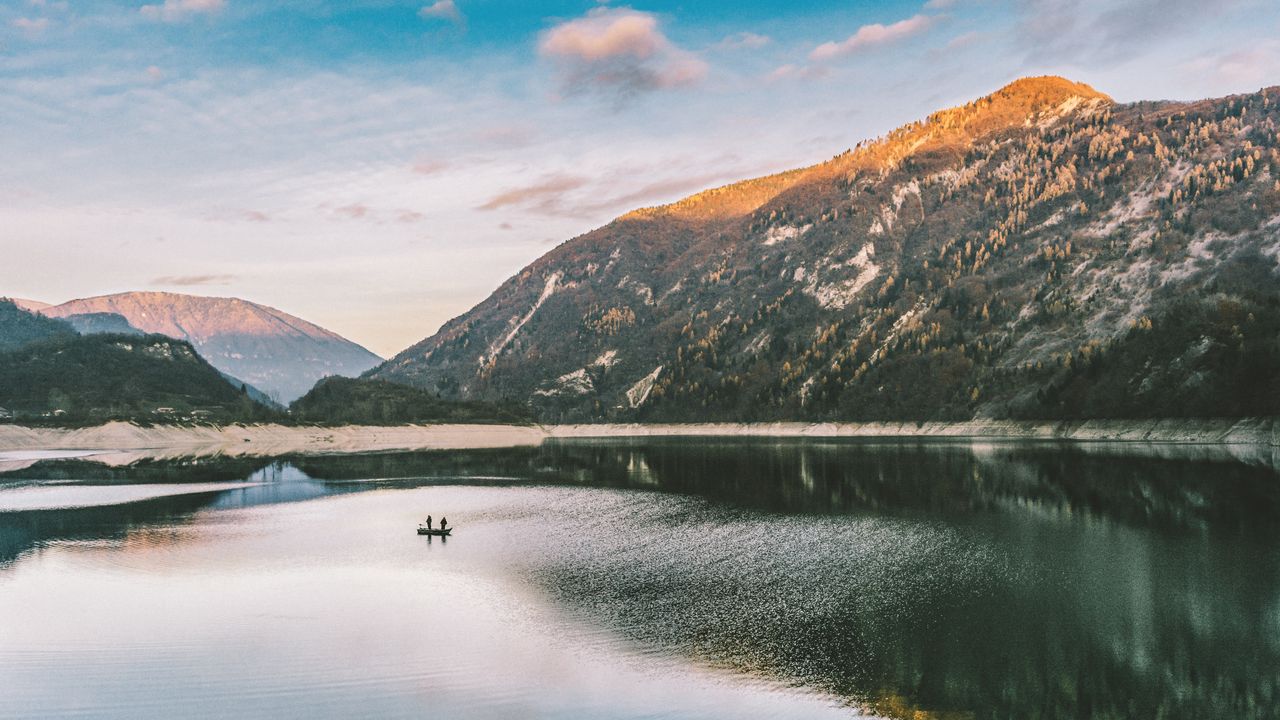 Wallpaper mountain, lake, boat, reflection