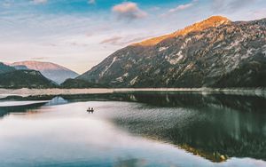 Preview wallpaper mountain, lake, boat, reflection