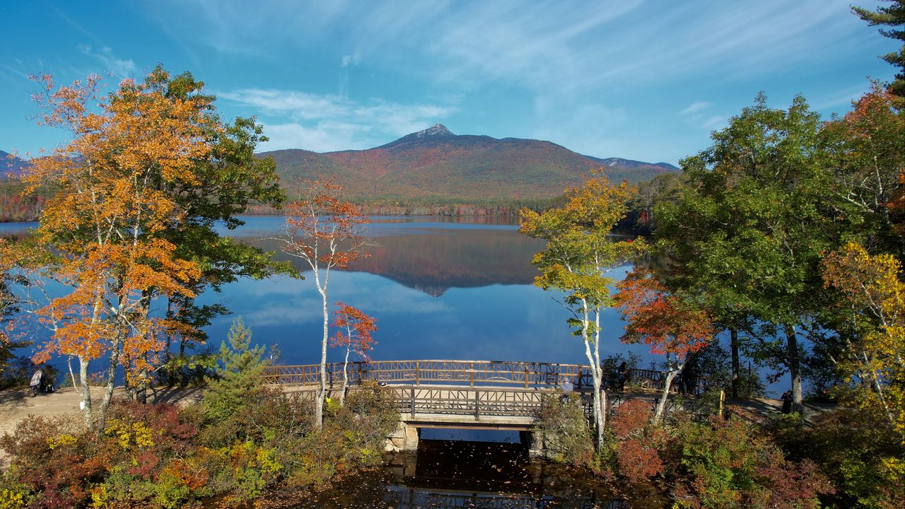 Wallpaper mountain, lake, bridge, trees, autumn, landscape