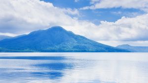 Preview wallpaper mountain, lake, clouds, reflection, blue