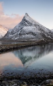 Preview wallpaper mountain, lake, dam, bridge, landscape