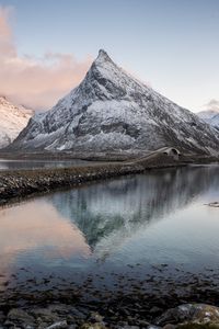 Preview wallpaper mountain, lake, dam, bridge, landscape