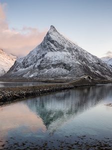 Preview wallpaper mountain, lake, dam, bridge, landscape