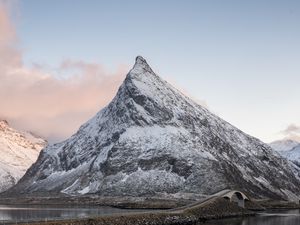 Preview wallpaper mountain, lake, dam, bridge, landscape