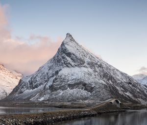 Preview wallpaper mountain, lake, dam, bridge, landscape