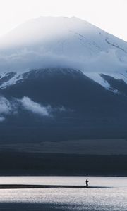 Preview wallpaper mountain, lake, fisherman, silhouette