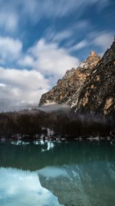 Preview wallpaper mountain, lake, fog, pragser wildsee, italy, landscape