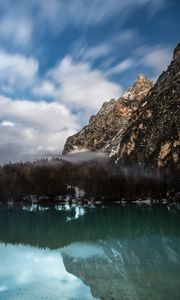 Preview wallpaper mountain, lake, fog, pragser wildsee, italy, landscape