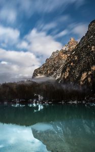 Preview wallpaper mountain, lake, fog, pragser wildsee, italy, landscape