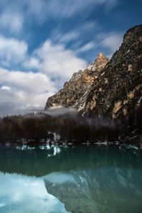 Preview wallpaper mountain, lake, fog, pragser wildsee, italy, landscape