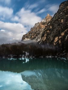 Preview wallpaper mountain, lake, fog, pragser wildsee, italy, landscape