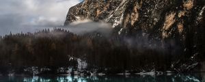 Preview wallpaper mountain, lake, fog, pragser wildsee, italy, landscape