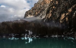 Preview wallpaper mountain, lake, fog, pragser wildsee, italy, landscape