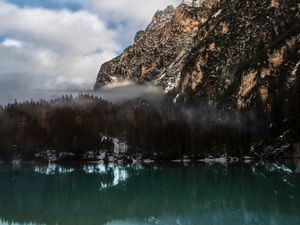 Preview wallpaper mountain, lake, fog, pragser wildsee, italy, landscape