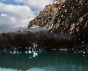 Preview wallpaper mountain, lake, fog, pragser wildsee, italy, landscape