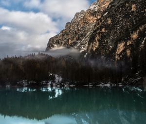 Preview wallpaper mountain, lake, fog, pragser wildsee, italy, landscape