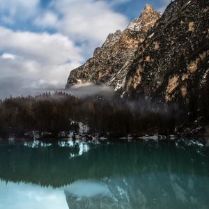 Preview wallpaper mountain, lake, fog, pragser wildsee, italy, landscape