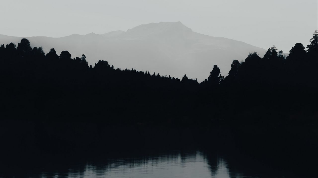 Wallpaper mountain, lake, fog, bw, landscape