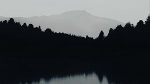 Preview wallpaper mountain, lake, fog, bw, landscape