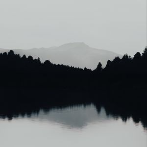 Preview wallpaper mountain, lake, fog, bw, landscape