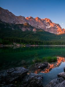 Preview wallpaper mountain, lake, forest, shore, buildings, landscape