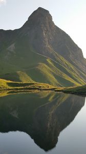 Preview wallpaper mountain, lake, grass, reflection