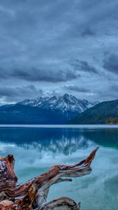 Preview wallpaper mountain, lake, landscape, reflection, log