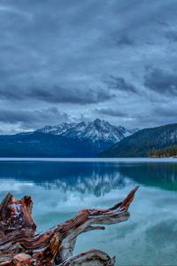 Preview wallpaper mountain, lake, landscape, reflection, log