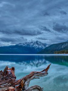 Preview wallpaper mountain, lake, landscape, reflection, log