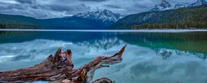 Preview wallpaper mountain, lake, landscape, reflection, log