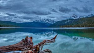 Preview wallpaper mountain, lake, landscape, reflection, log