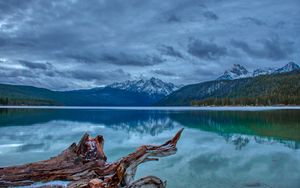 Preview wallpaper mountain, lake, landscape, reflection, log