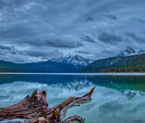 Preview wallpaper mountain, lake, landscape, reflection, log