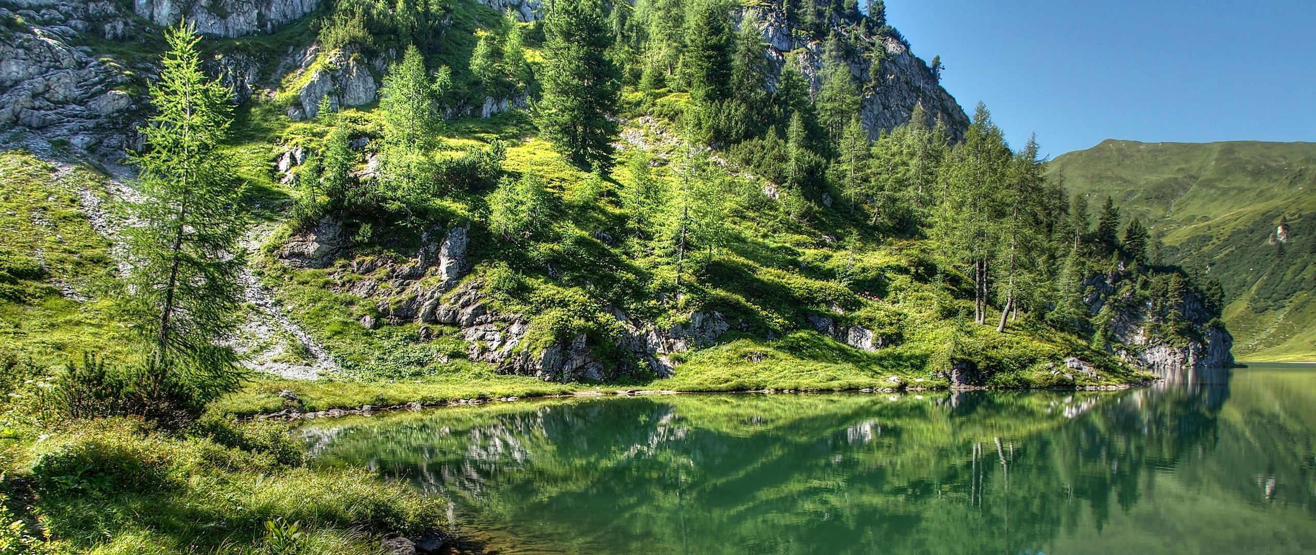 Download wallpaper 2560x1080 mountain, lake, landscape dual wide 1080p