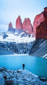 Preview wallpaper mountain, lake, man, solitude, travel, tourist