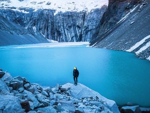 Preview wallpaper mountain, lake, man, solitude, travel, tourist