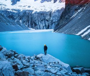 Preview wallpaper mountain, lake, man, solitude, travel, tourist