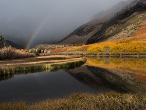 Preview wallpaper mountain, lake, rainbow, landscape, nature