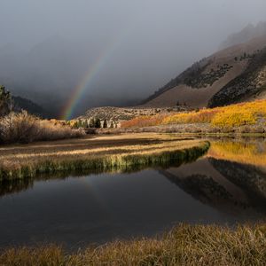 Preview wallpaper mountain, lake, rainbow, landscape, nature