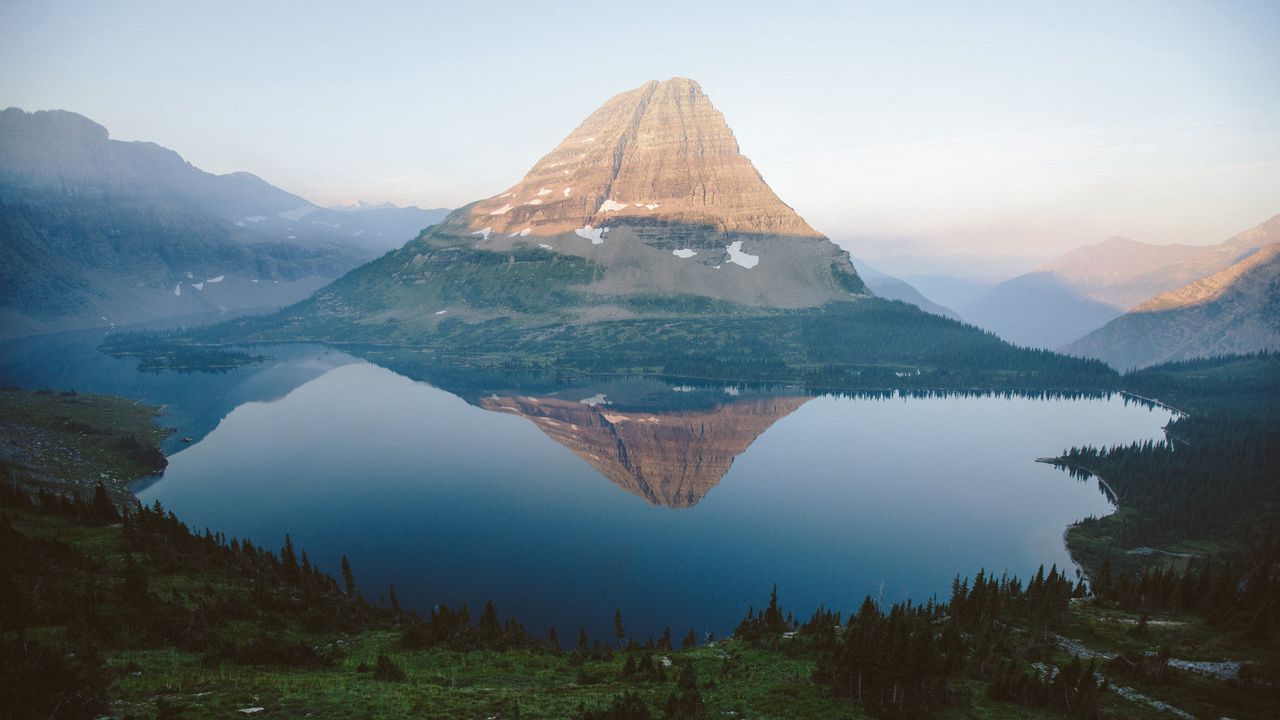 Wallpaper mountain, lake, reflection, top