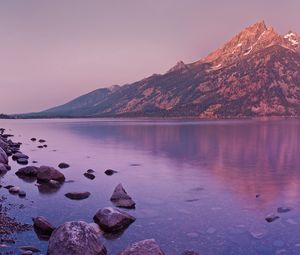 Preview wallpaper mountain, lake, reflection, stones, coast, sky, gray