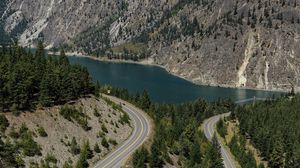 Preview wallpaper mountain, lake, road, aerial view