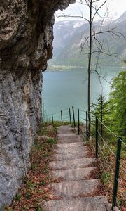 Preview wallpaper mountain, lake, rock, slope, steps, trees