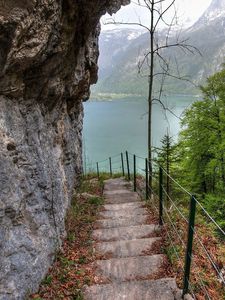 Preview wallpaper mountain, lake, rock, slope, steps, trees