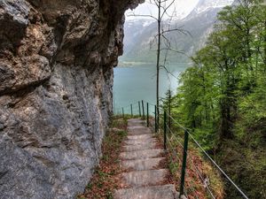 Preview wallpaper mountain, lake, rock, slope, steps, trees