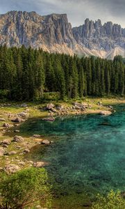 Preview wallpaper mountain, lake, rocks, trees, spruce